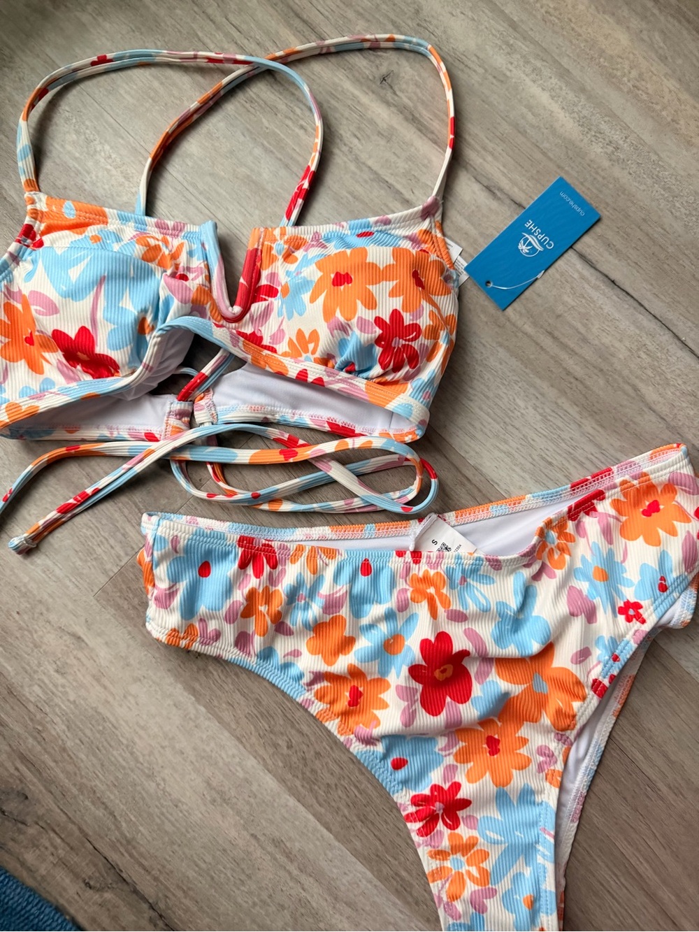 CUPSHE Floral Ribbed Two-Piece Bikini - Orange, Red & Light Blue